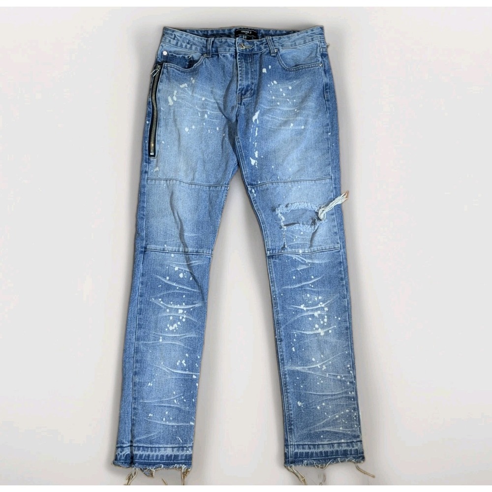 Grunge Distressed Moto Zip Skinny Jeans Men's 34 Forever 21 Paint Splatter